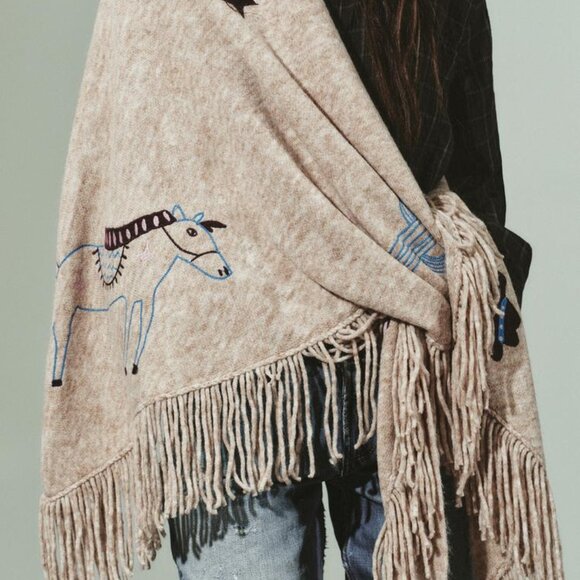 ZARA EMBROIDERED FRINGED CAPE SHAWL - Picture 3 of 7
